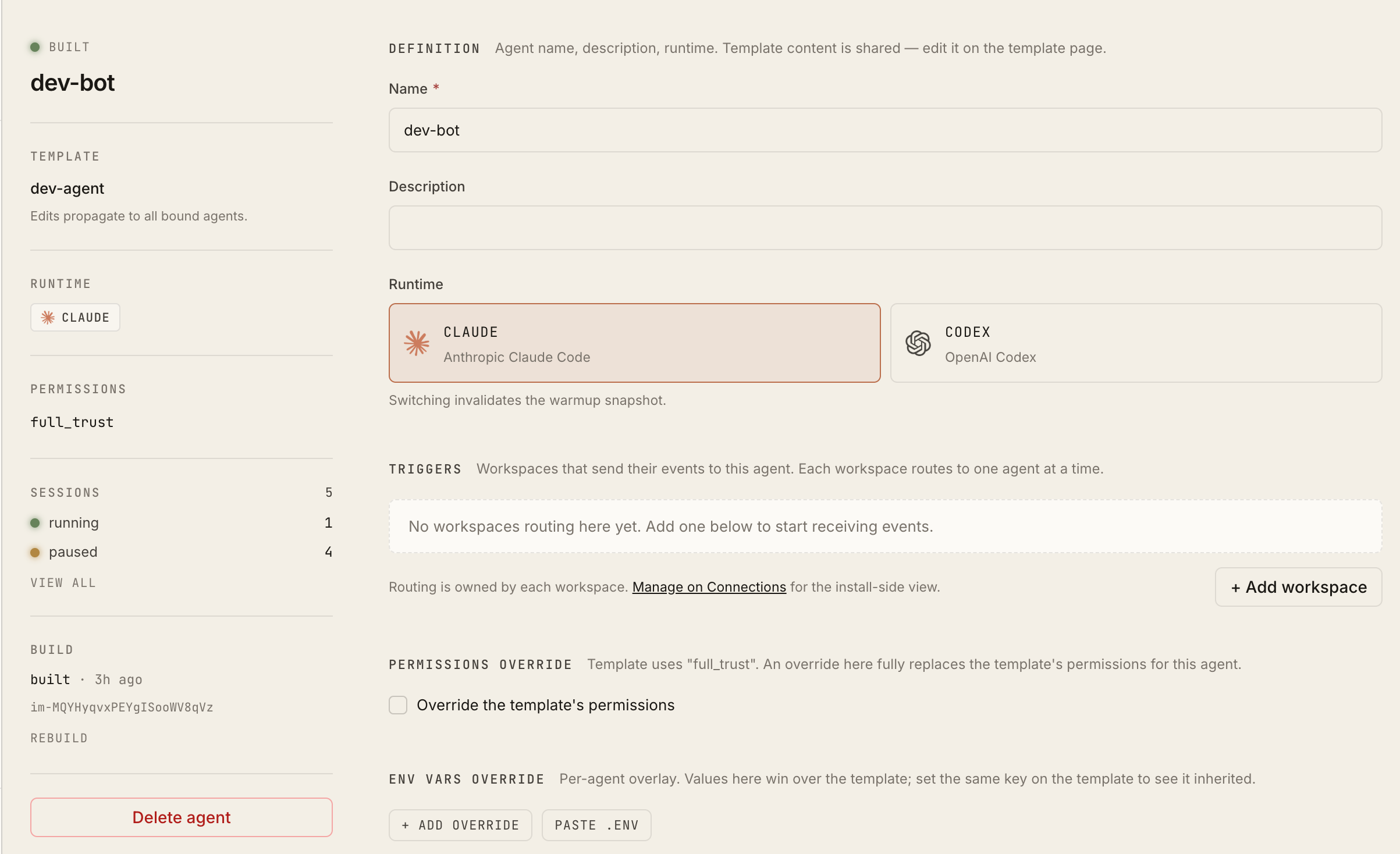 The dev-bot agent config screen: Claude runtime, repo, skills, triggers, and permissions in one place