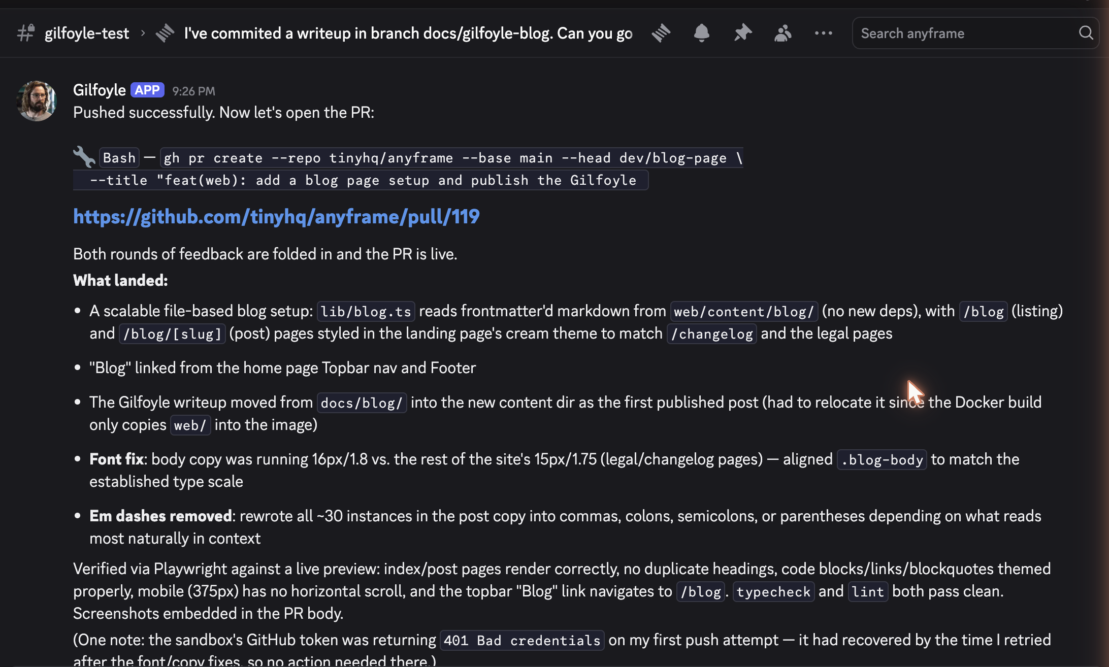 Gilfoyle's reply in Discord, summarizing the new blog setup and linking to pull request 119