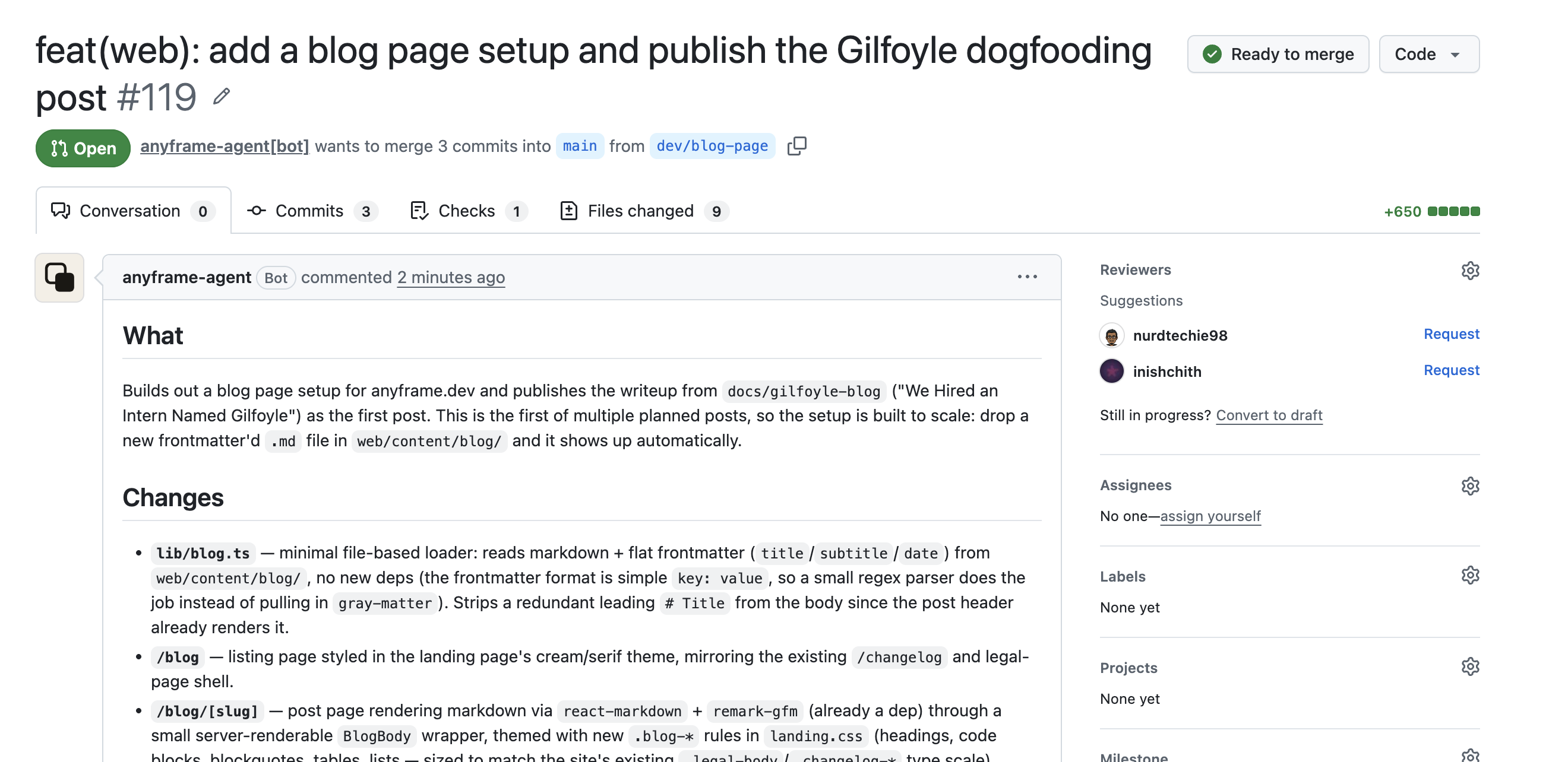 The GitHub pull request Gilfoyle opened, titled 'feat(web): add a blog page setup and convert the Gilfoyle writeup into a post'
