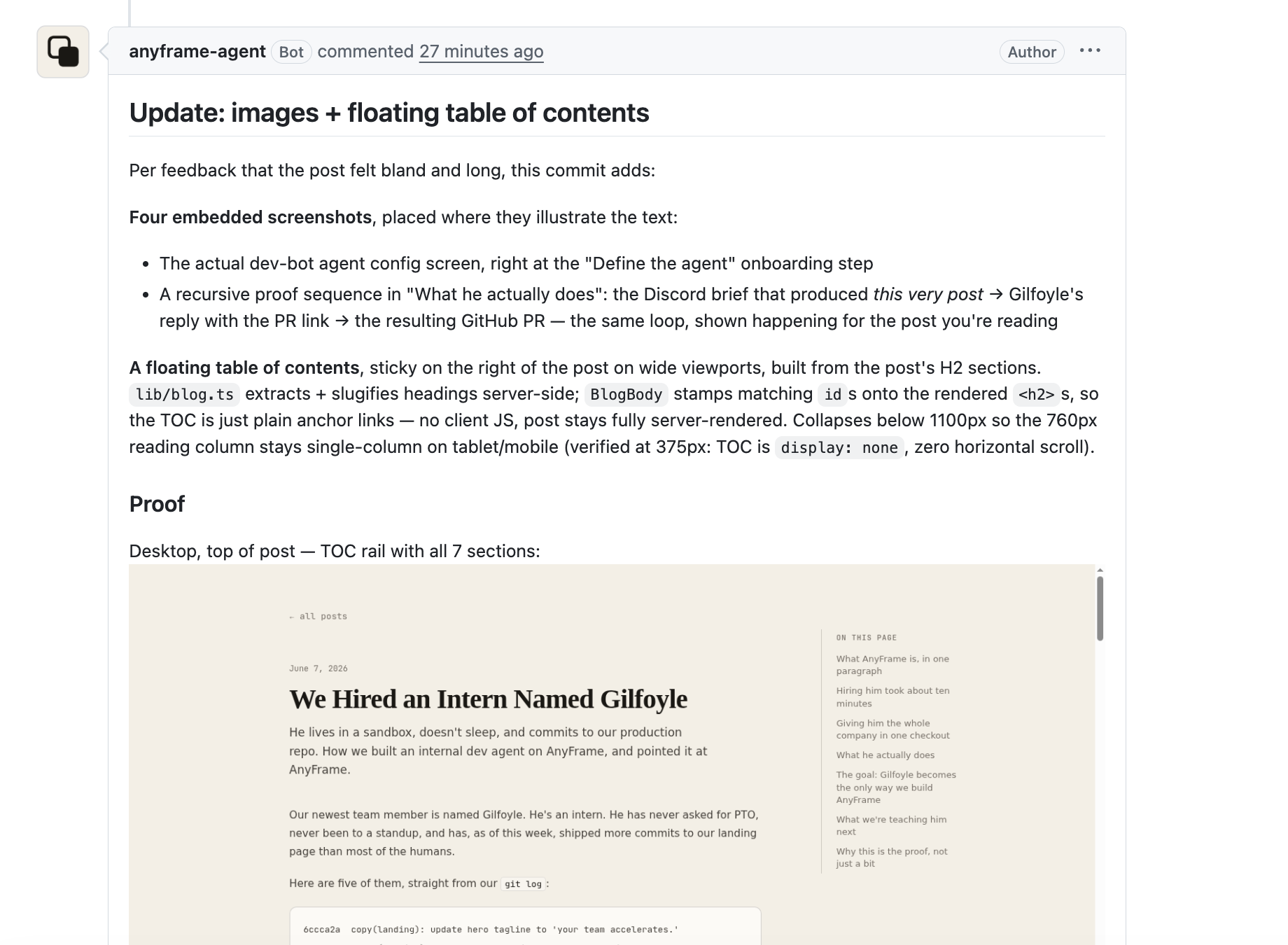 A GitHub pull request comment from Gilfoyle, listing what changed and embedding a screenshot of the result as proof